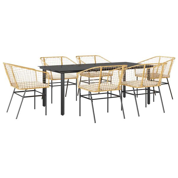 vidaXL 7-tlg. Garten-Essgruppe mit Kissen Braun Poly Rattan Glas