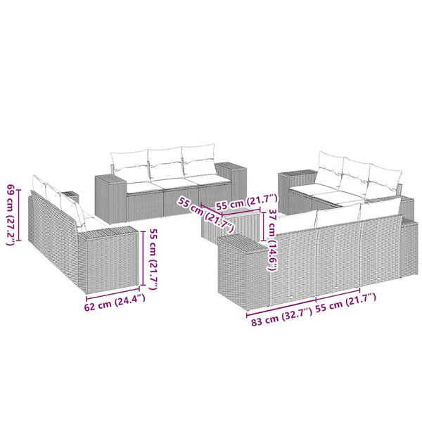 vidaXL 13-tlg. Garten-Sofagarnitur mit Kissen Schwarz Poly Rattan
