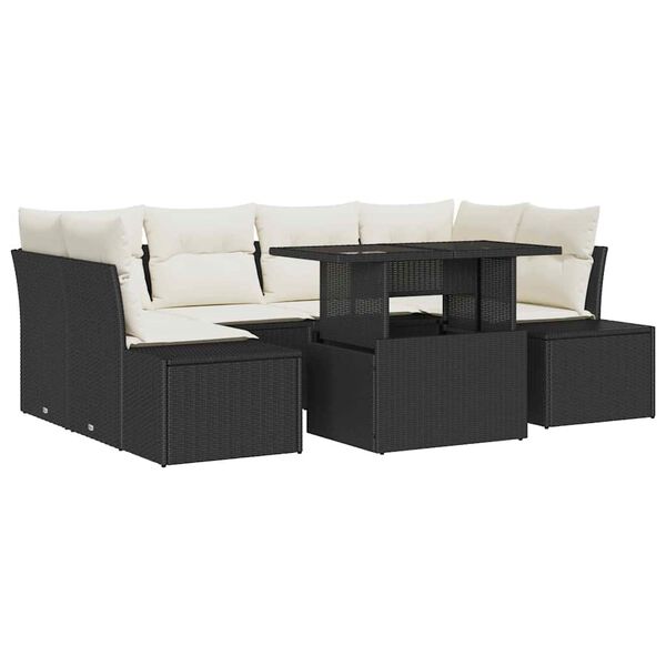 vidaXL Sofa Set mit Kissen 7 pcs Schwarz und Creme Poly-Rattan