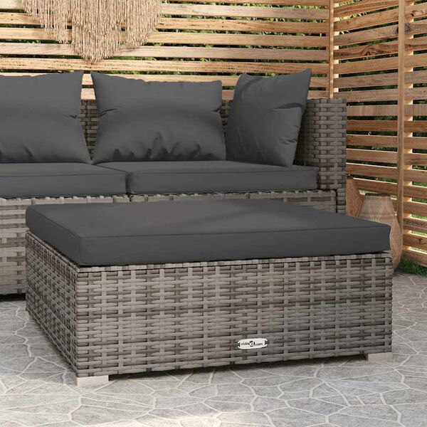 vidaXL Garten-Fußhocker mit Kissen Grau 70x70x30 cm Poly Rattan