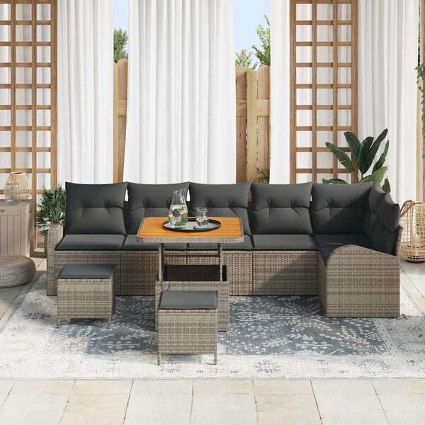 vidaXL Garten-Sofa-Set mit Kissen 9 pcs Grau Poly Rattan