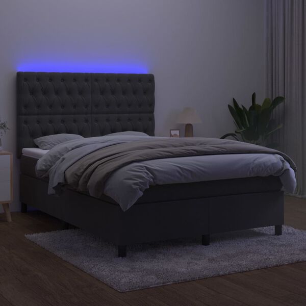 vidaXL Boxspringbett mit Matratze & LED Dunkelgrau 140x190 cm Samt