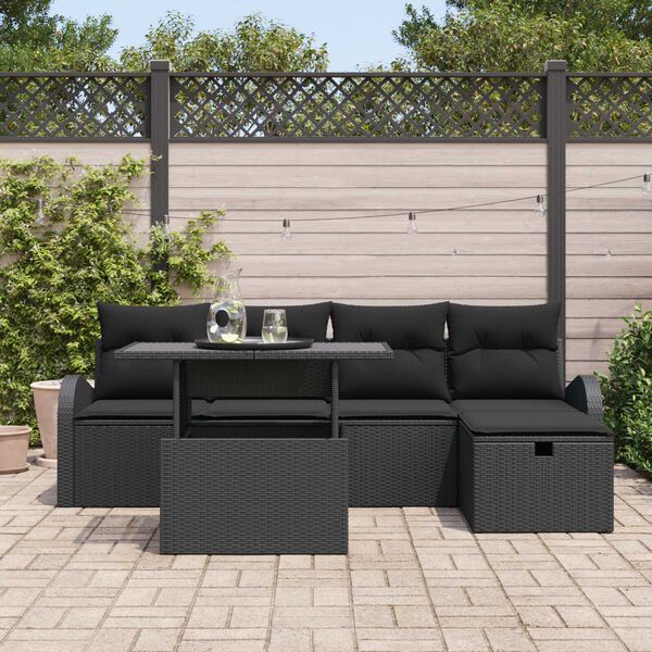 vidaXL Garten-Sofa-Set mit Kissen 6 pcs Schwarz Poly Rattan