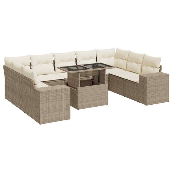 vidaXL 10-tlg. Garten-Sofagarnitur mit Kissen Beige Poly Rattan