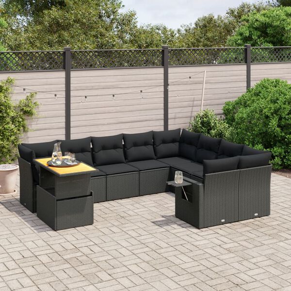 vidaXL 10-tlg. Garten-Sofagarnitur mit Kissen Schwarz Poly Rattan