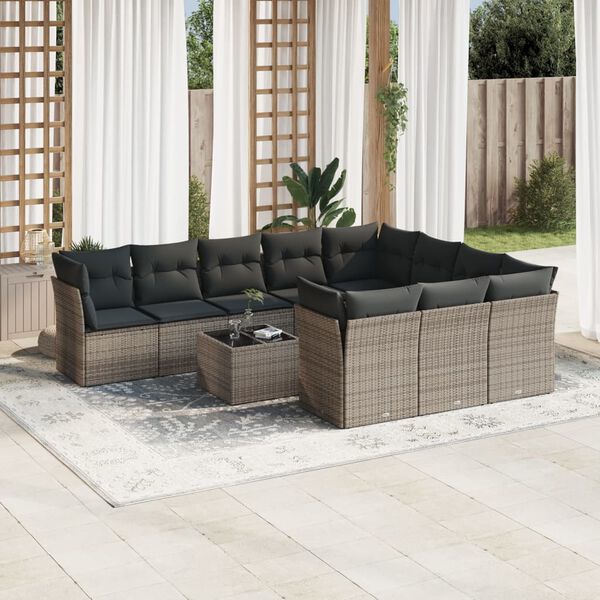 vidaXL 11-tlg. Garten-Sofagarnitur mit Kissen Grau Poly Rattan