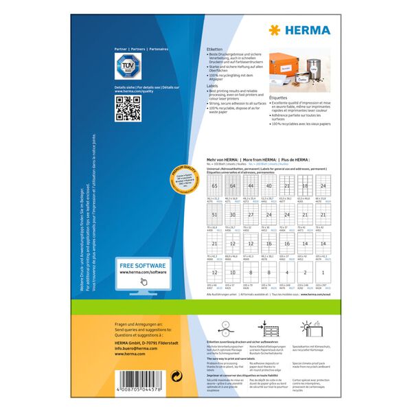 HERMA Etiketten PREMIUM Permanent Haftend A4 105x48 mm 100 Bl&auml;tter