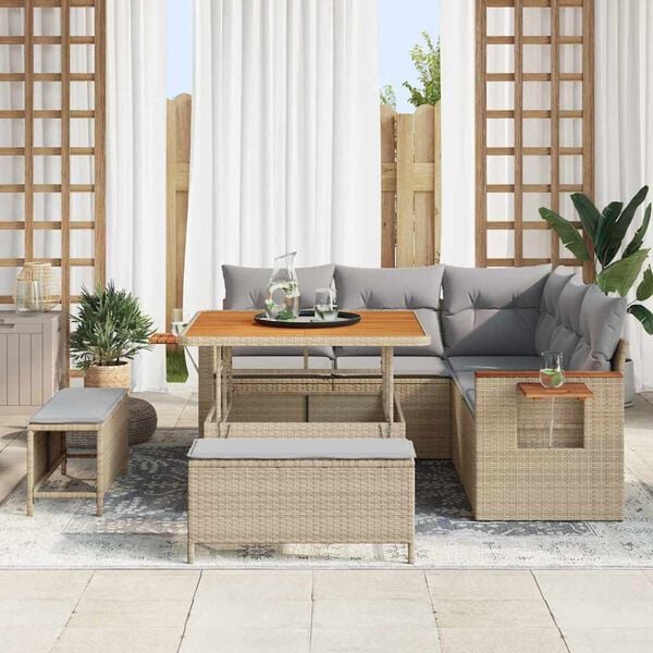vidaXL Garten-Sofa-Set mit Kissen mit Speicher Beige Poly Rattan