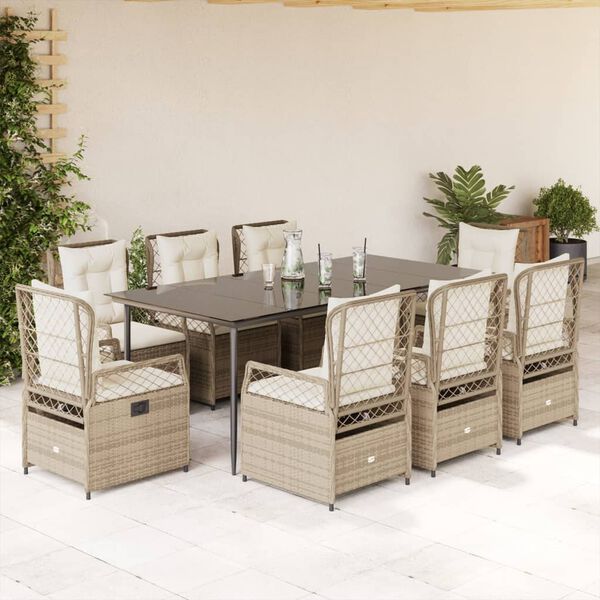 vidaXL 9-tlg. Garten-Essgruppe mit Kissen Beige Poly Rattan
