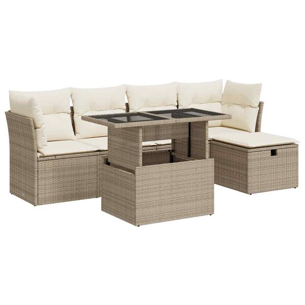 vidaXL 6-tlg. Garten-Sofagarnitur mit Kissen Beige Poly Rattan