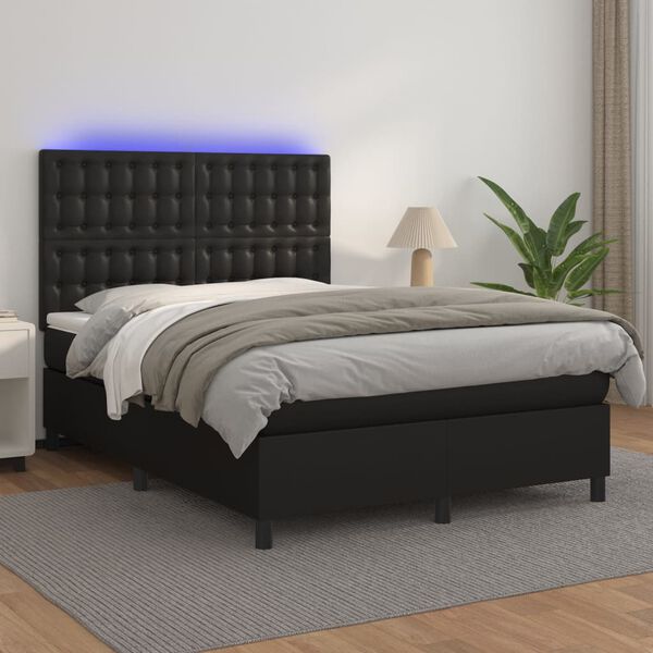 vidaXL Boxspringbett mit Matratze & LED Schwarz 140x200 cm Kunstleder