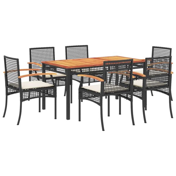vidaXL 7-tlg. Garten-Essgruppe mit Kissen Schwarz Poly Rattan