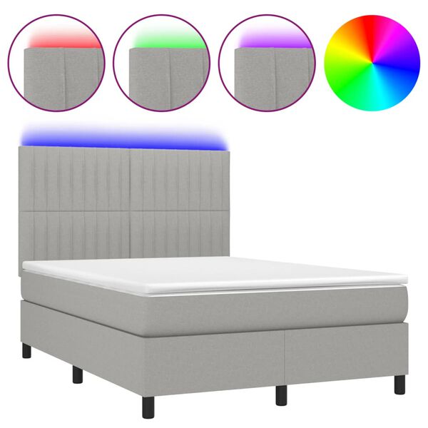 vidaXL Boxspringbett mit Matratze & LED Hellgrau 140x200 cm Stoff