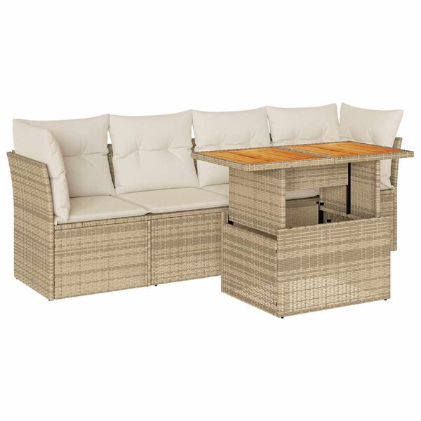 vidaXL 5-tlg. Garten-Sofagarnitur mit Kissen Beige Poly Rattan
