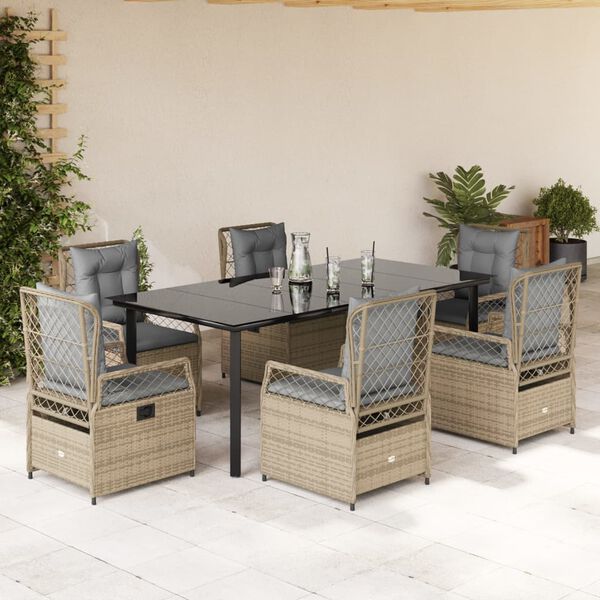 vidaXL 7-tlg. Garten-Essgruppe mit Kissen Beige Poly Rattan