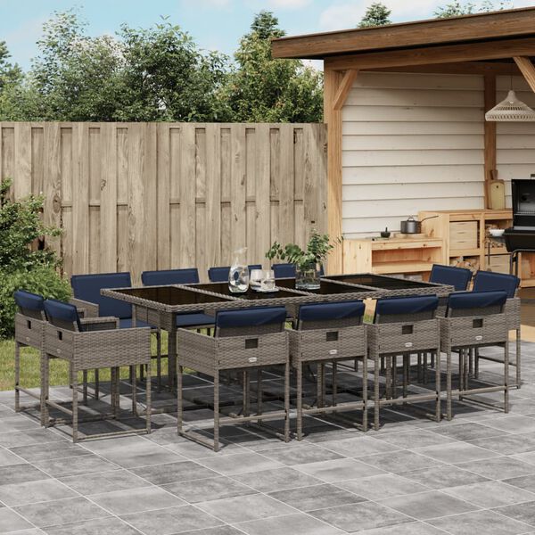 vidaXL 13-teiliges Garten-Ess-Set mit Kissen, grau, Polyrattan