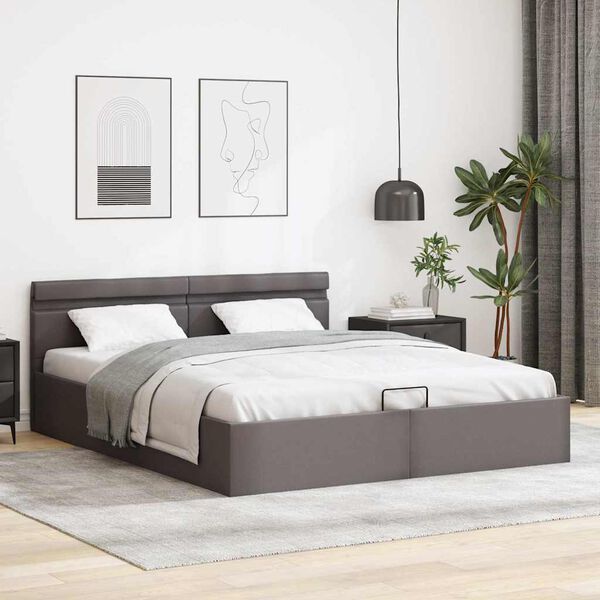 vidaXL Bett mit Bettkasten Hydraulisch LED Grau Kunstleder 160x200 cm