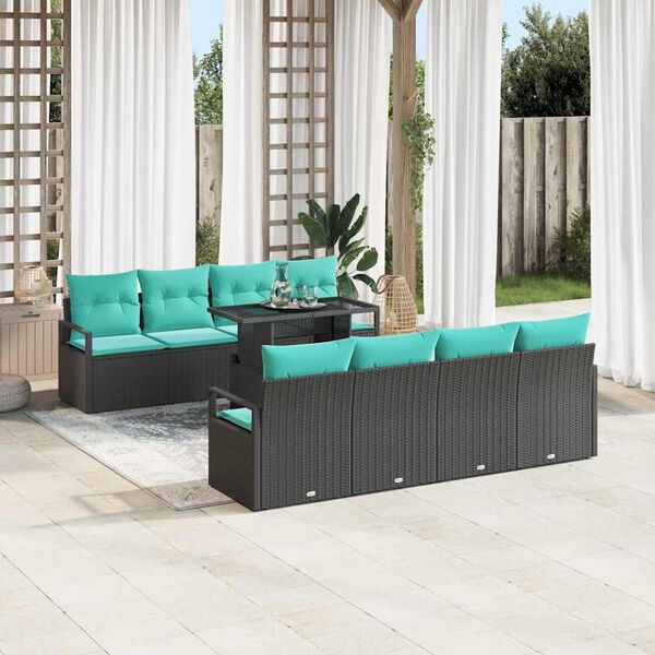 vidaXL Garten-Sofa-Set mit Kissen 7 pcs Schwarz und Blau Poly-Rattan