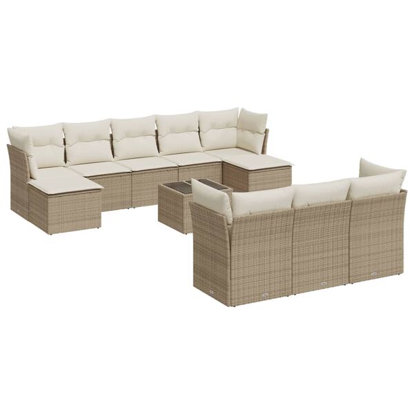 vidaXL 11-tlg. Garten-Sofagarnitur mit Kissen Beige Poly Rattan