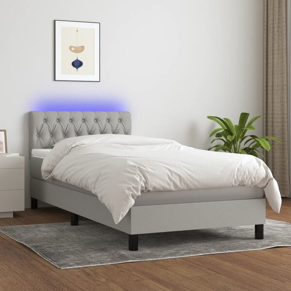 vidaXL Boxspringbett mit Matratze & LED Hellgrau 90x190 cm Stoff