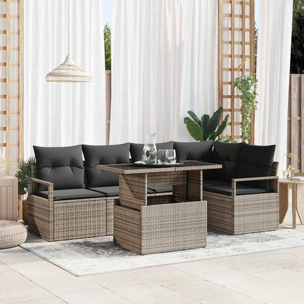 vidaXL Garten-Sofa-Set mit Kissen 6 pcs Grau Poly-Rattan