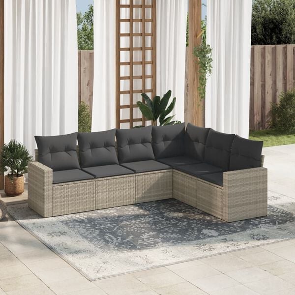 vidaXL 6-tlg. Garten-Sofagarnitur mit Kissen Hellgrau Poly Rattan