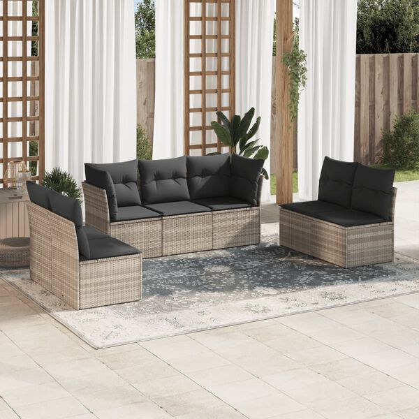 vidaXL 7-tlg. Garten-Sofagarnitur mit Kissen Hellgrau Poly Rattan