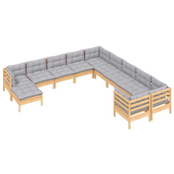 vidaXL 11-tlg. Garten-Lounge-Set mit Grauen Kissen Kiefernholz
