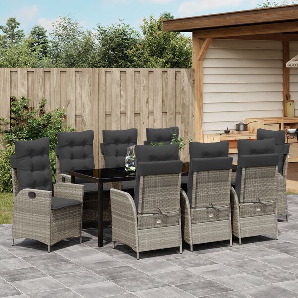 vidaXL Garten Essgruppe mit Kissen 9 pcs Hellgrau Poly-Rattan