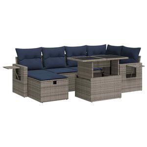 vidaXL 7-tlg. Garten-Sofagarnitur mit Kissen Grau Poly Rattan Akazie
