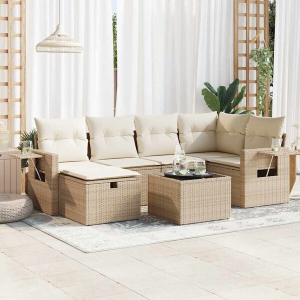 vidaXL 6-tlg. Garten-Sofagarnitur mit Kissen Beige Poly Rattan