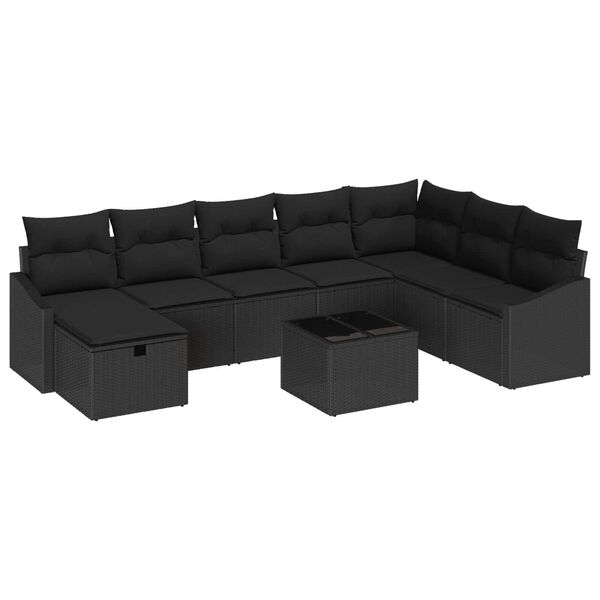 vidaXL Garten-Sofa-Set mit Kissen 9 pcs Schwarz Poly Rattan