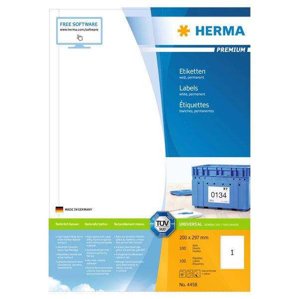 HERMA Etiketten PREMIUM Permanent Haftend A4 200x297 mm 100 Bl&auml;tter
