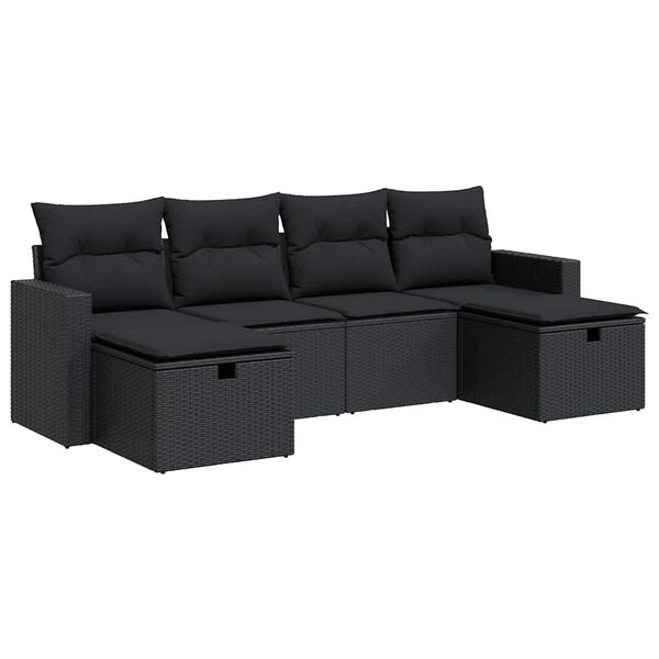 vidaXL 6-tlg. Garten-Sofagarnitur mit Kissen Schwarz Poly Rattan