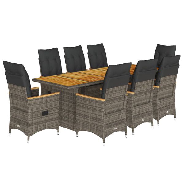 vidaXL 9-tlg. Garten-Bistro-Set mit Kissen Grau Poly Rattan
