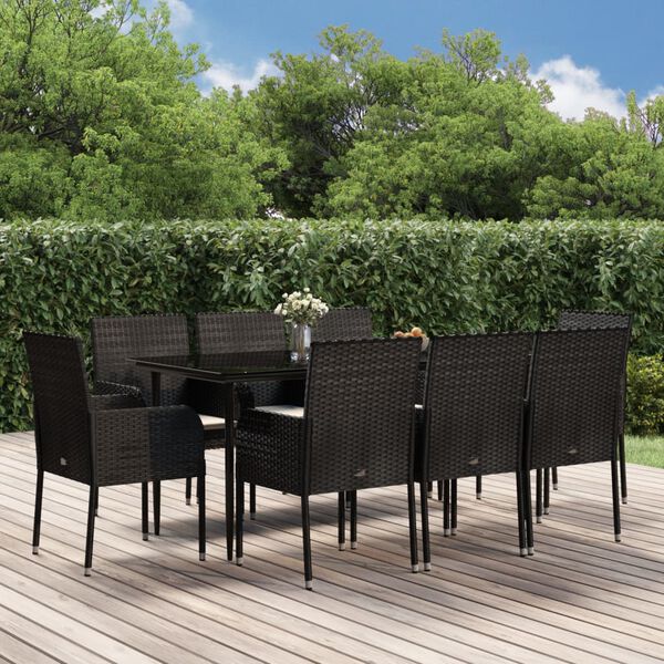 vidaXL 9-tlg. Garten-Essgruppe mit Kissen Schwarz Poly Rattan