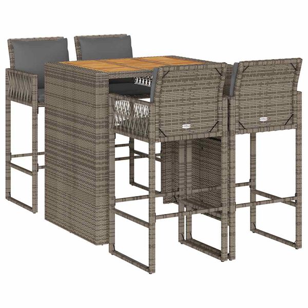 vidaXL 5-tlg. Gartenbar-Set mit Kissen Grau Poly Rattan Akazie