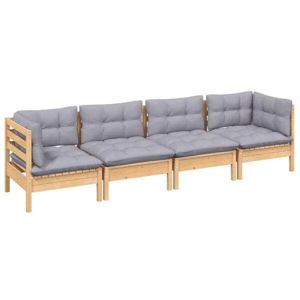 vidaXL 4-tlg. Garten-Lounge-Set mit Grauen Kissen Kiefer Massivholz