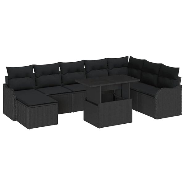 vidaXL Garten-Sofa-Set mit Kissen 9 pcs Schwarz Poly Rattan