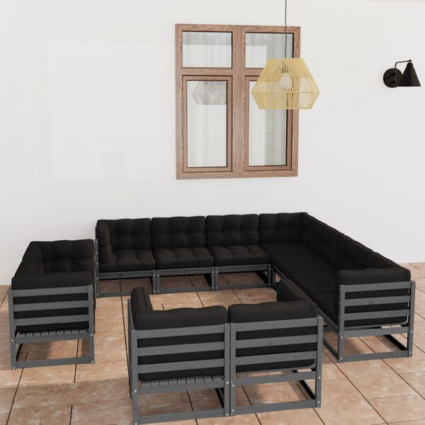 vidaXL 11-tlg. Garten-Lounge-Set mit Kissen Grau Kiefer Massivholz