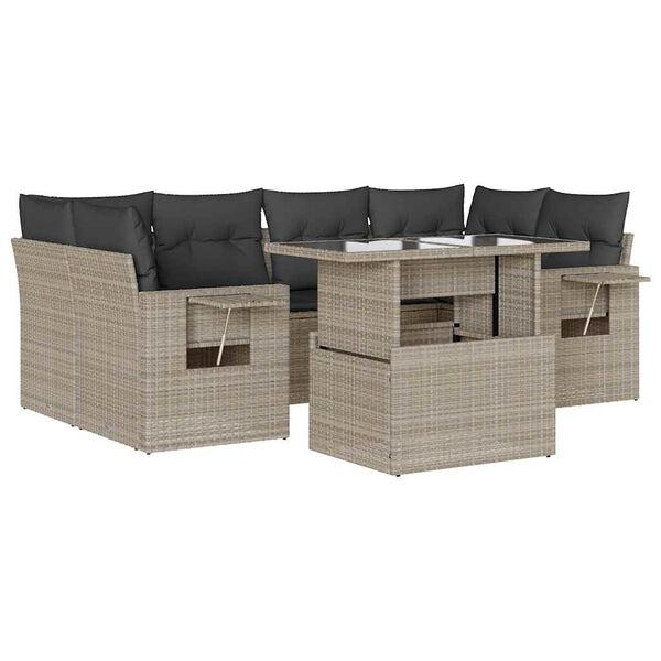 vidaXL 7-tlg. Garten-Sofagarnitur mit Kissen Hellgrau Poly Rattan