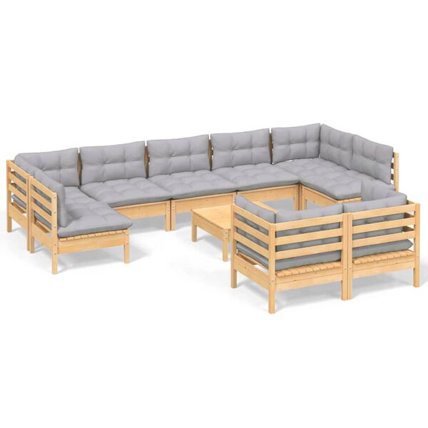 vidaXL 10-tlg. Garten-Lounge-Set mit Grauen Kissen Kiefer Massivholz
