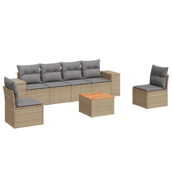 vidaXL 7-tlg. Garten-Sofagarnitur mit Kissen Beige Poly Rattan