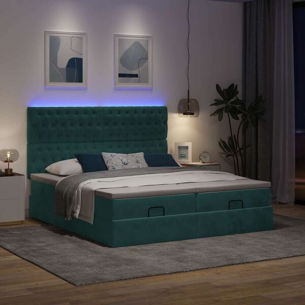 vidaXL Ottoman-Bett mit Matratzen & LEDs Dunkelgr&uuml;n 200x200 cm Samt