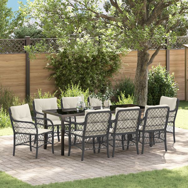 vidaXL Garten Essgruppe mit Kissen 9 pcs Schwarz Poly-Rattan