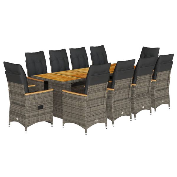 vidaXL 11-tlg. Garten-Bistro-Set mit Kissen Grau Poly Rattan