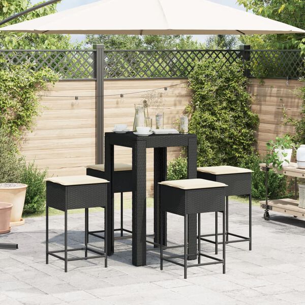vidaXL 5-tlg. Gartenbar-Set mit Kissen Schwarz Poly Rattan