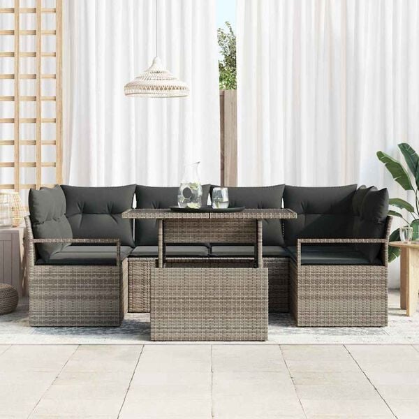 vidaXL Sofa Set mit Kissen 7 pcs Grau Poly-Rattan