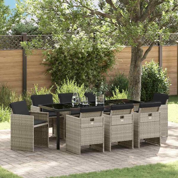 vidaXL Garten Essgruppe mit Kissen 9 pcs Hellgrau Poly-Rattan