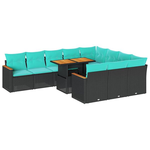 vidaXL 11-tlg. Garten-Sofagarnitur mit Kissen Schwarz Poly Rattan